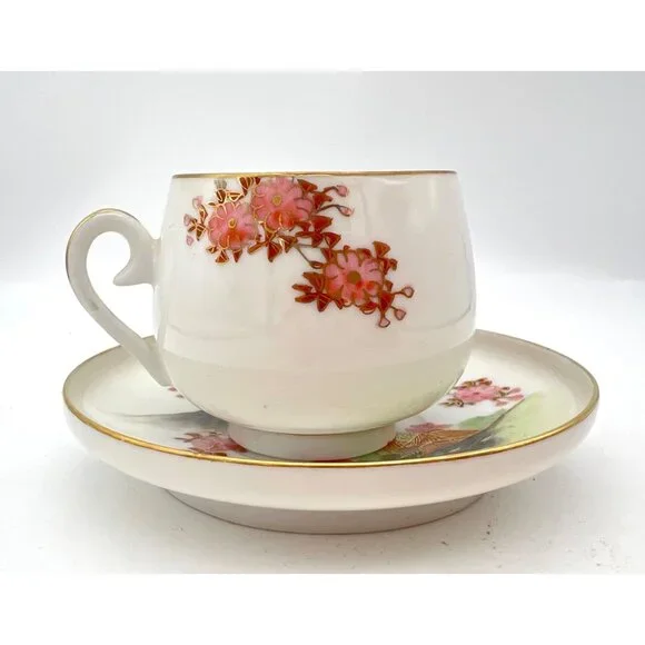 Vintage Japanese Geisha Lithophane Demitasse Teacup Saucer Cherry Blossoms Gilt - Picture 3 of 8
